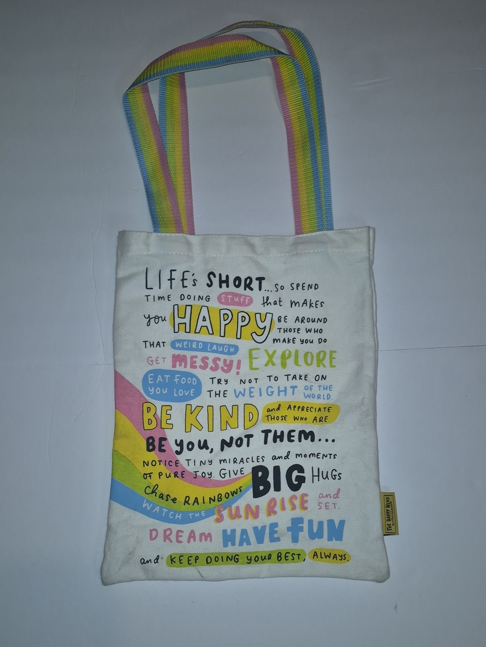 Rainbow Quote Canvas Tote Bag - White with Pastel Rainbow Straps